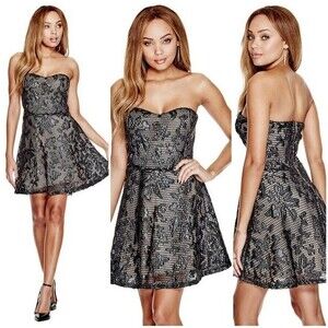 Guess Vanna Faux Leather Net Lace Textured Fit Flare Skater Strapless Dress 8